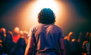 a rear view photo of mickey avalon performing a concert on stage to a lively audience