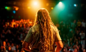 a rear view photo of mike love and the full circle performing a concert on stage to a lively audience