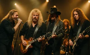 A male rock band performs on stage, with the singer and three guitarists in the foreground.