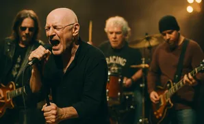 A band performs on stage, with a singer in the foreground, guitarist to the left, a drummer in the middle, and another guitarist on the right.