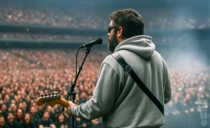 a rear view photo of nothing performing a concert on stage to a lively audience