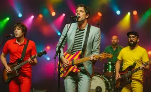 A band performs on stage with colorful lights. The singer in the center wears a gray suit and striped shirt.