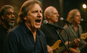 A band of four men singing and playing instruments, with the lead singer in the foreground.