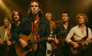 A band performs on stage, with the lead singer in the foreground playing an acoustic guitar.