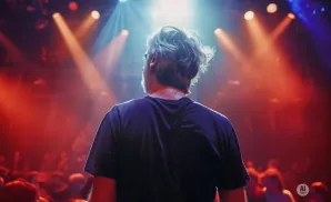 Man with messy hair stands on stage, back to camera, looking out at a blurred audience under red and blue lights.