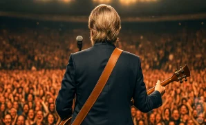 a rear view image of paul mccartney performing live on stage