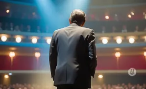 Man in a suit on stage facing an audience in a theater.