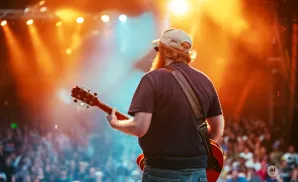 A red-bearded guitarist with a baseball cap plays a guitar on stage with a cheering audience and bright lights.