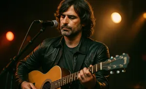 A man with dark hair and a beard plays an acoustic guitar and sings into a microphone on stage.