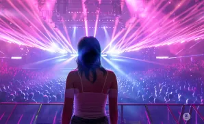 A woman stands before a large crowd at a concert, bathed in pink and purple stage lights.