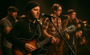 A band performs on stage with a guitarist in the foreground.