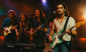 A band performs on stage with guitars, keyboards, and microphones.