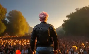 A person with pink hair stands on a stage facing a cheering crowd at an outdoor concert.