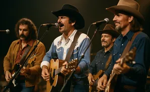 Four men in cowboy hats play guitars and sing on stage.