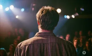 Man in plaid shirt facing away from camera, speaking to a crowd under stage lights.