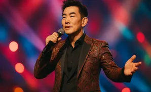Asian man in a patterned jacket holding a microphone, speaking on a brightly lit stage.