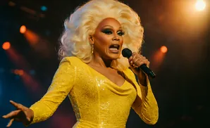 Drag queen RuPaul, in a yellow sequined dress and voluminous blonde wig, sings into a microphone on stage.