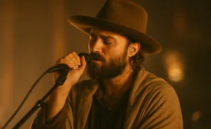 Man with a beard and hat singing into a microphone, with warm lighting.