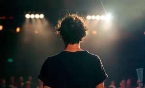 a rear view photo of sarah and the sundays performing a concert on stage to a lively audience