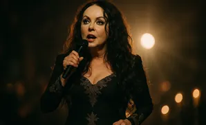 Singer Tarja Turunen performs on stage, holding a microphone and wearing a black dress with intricate gold detailing.