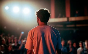 a rear view photo of saturdays at your place performing a concert on stage to a lively audience