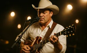 A cowboy in a white shirt and hat plays an acoustic guitar into a microphone.