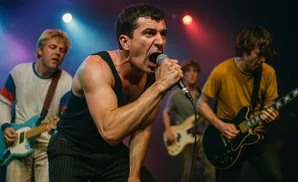 A male singer yells into a microphone, with bandmates playing guitars behind him under stage lights.