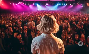 Blonde person in white shirt facing a large, cheering crowd at a concert with pink and blue stage lights.