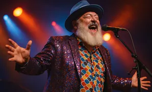 A man in a sequined jacket and colorful shirt sings into a microphone under stage lights.