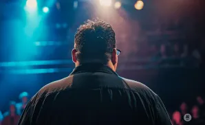 Man facing away from camera on stage, lit by spotlights with blurred audience in background.