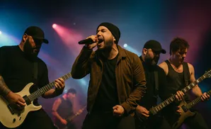 A band performs on stage with a singer in the foreground and guitarists on either side.