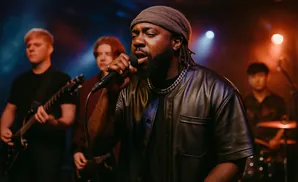 A Black man wearing a durag and leather shirt sings into a microphone, with a band behind him.