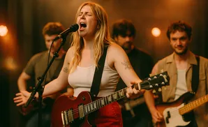 A female singer with blonde hair sings into a microphone while playing a red electric guitar, backed by her band.