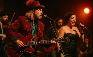 A male guitarist in a red top hat sings into a microphone while a female singer in a sparkly black dress sings into another microphone.