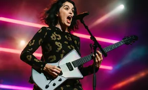Singer and guitarist St. Vincent performs on stage with a guitar and microphone.