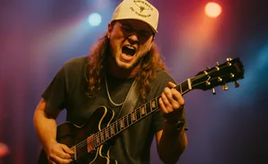 Man with long hair and a cap plays a guitar, singing with his mouth open.
