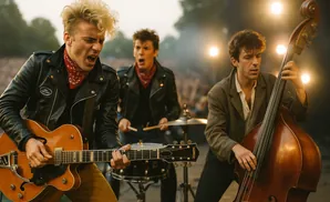 a rear view of the singer brian setzer from the band stray cats performing live on stage