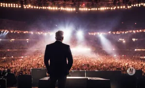 A man in a suit stands on stage facing a large, cheering crowd under bright stadium lights.