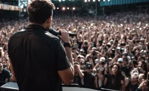 A performer in a black shirt holds a microphone, facing a large, cheering crowd at an outdoor concert.