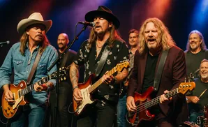 A band of musicians performing on stage.