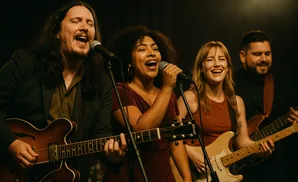 A band performs on stage with two singers and two guitarists playing and singing.