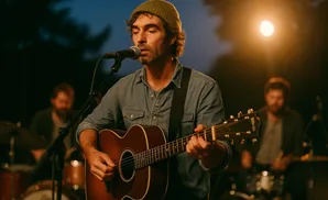 Man in a green beanie playing an acoustic guitar and singing into a microphone, with a drummer in the background.