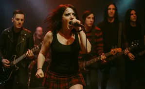 A female singer screams into a microphone while a band plays guitars on stage.