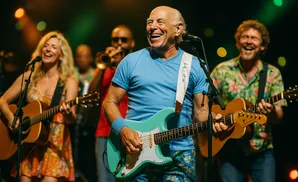 A band performs on stage, with a lead singer in a blue shirt playing a teal guitar and smiling.