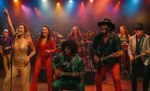 A diverse band plays music on stage under colorful lights, with vocalists in sparkling outfits and guitarists in hats.