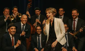 A jazz band performs on stage with a female singer at the microphone, a double bass, guitars, and horns.