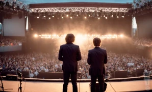 Two men in suits stand on a stage looking out at a large, cheering crowd during a concert.
