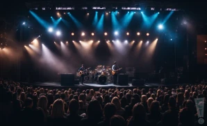 A band performs on stage under blue and orange lights to a large audience.