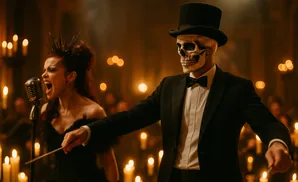 A skeleton in a top hat and tuxedo conducts a singer in a black dress and spiked crown, illuminated by candles.