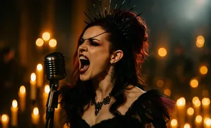 Woman in a crown and dark makeup sings passionately into a vintage microphone, surrounded by glowing candles.